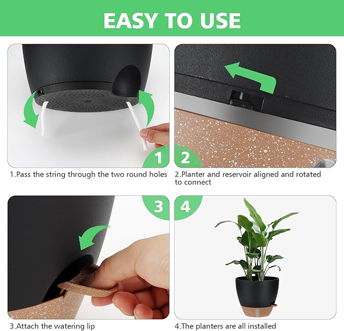 12" 10" 9" 8" Self Watering Pots with Water Level Indicator, Large Plastic Planters Set with Mesh Drainage Hole and Removable Saucer Reservoir, Big Flower Pot for Indoor Outdoor Plants (Black)