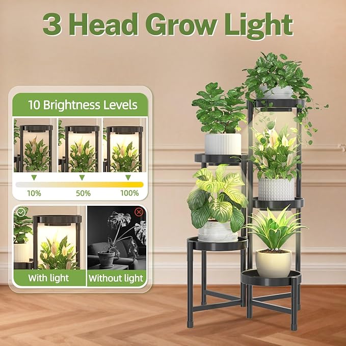 iDavosic.ly Plant Stand Indoor with Grow Light, 5 Tier Corner Metal Flower Display Holder Shelf, Easy Assembly Folding Tall Orchid Rack for Patio Balcony Porch Garden Living Room House, Black