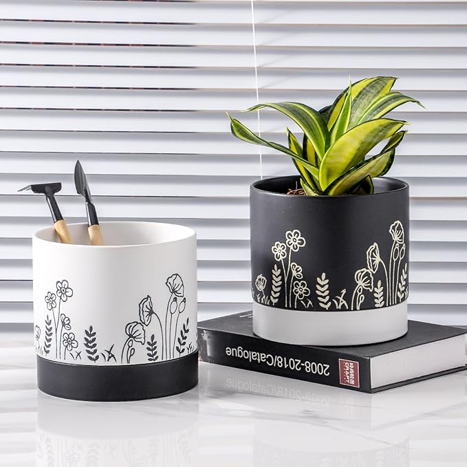 Nihow Ceramic Plant Pot: 6 Inch Planter with Drainage Hole & Saucer for Indoor & Outdoor Plants - Cylinder Round Flower Pot for Succulent/Herbs/Violets - White