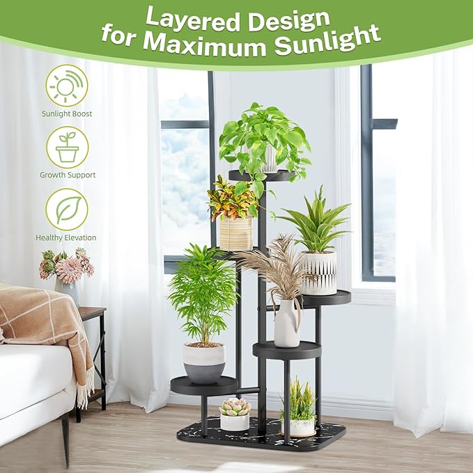 iDavosic.ly 5 Tier Plant Stand Indoor Outdoor, Tiered Corner Plant Stands for Multiple Plants, Metal Plastic Tall Plant Display Holder Flower Shelf for Patio Living Room Garden Balcony Bedroom, Black