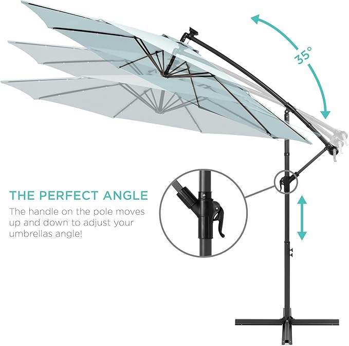 Best Choice Products 10ft Solar LED Offset Cantilever Hanging Market Patio Umbrella, 8 Sturdy Ribs, Easy Adjustment - Baby Blue