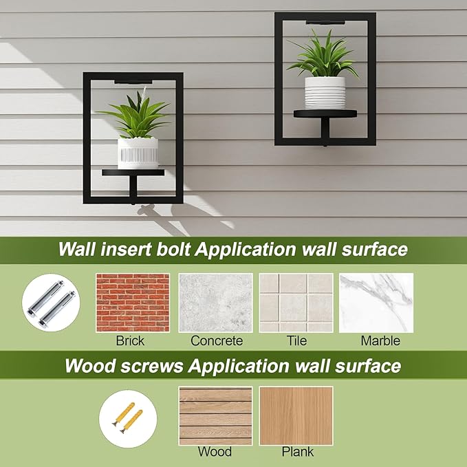 BAOYOUNI 2 Pack Picture Frame Wall Plant Holder with Light,Metal Window Plant Shelf，Modern Floating Plant Stand for Indoor Outdoor Patio Balcony Garden Living Room Bedroom