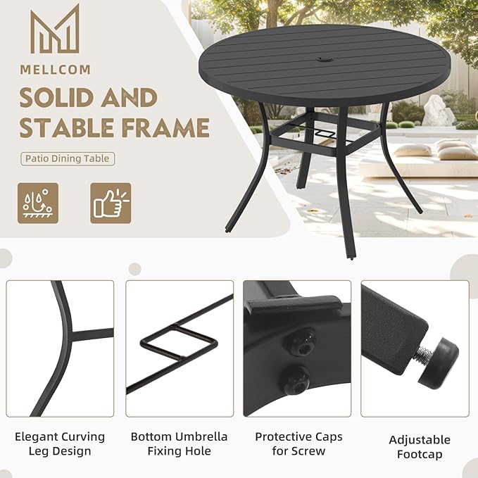 MELLCOM 42'' Round Outdoor Dining Table for 4, Metal Patio Dining Table with Umbrella Hole, All-Weather Black Table for Porch, Garden, Backyard, Poolside, Lawn