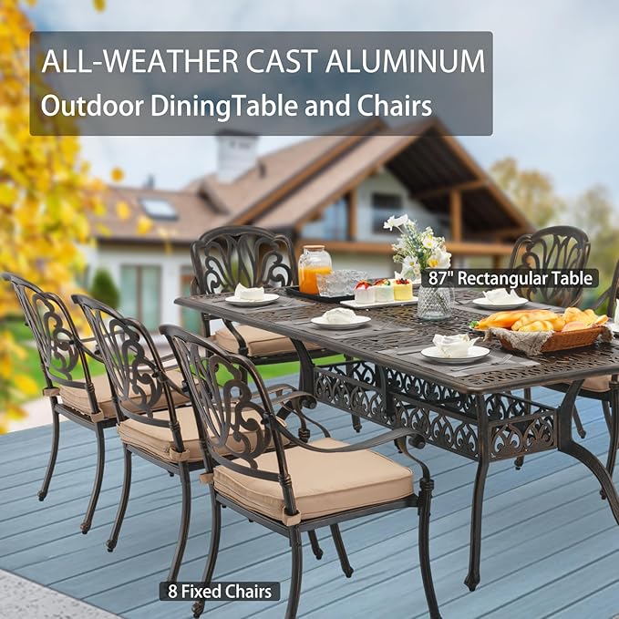 9-Piece Cast Aluminum Patio Furniture, Outdoor Dining Sets for 8 Include 87" Rectangular Patio Dining Table and 8 Stackable Chairs with Cushions & Umbrella Hole (Bronze)