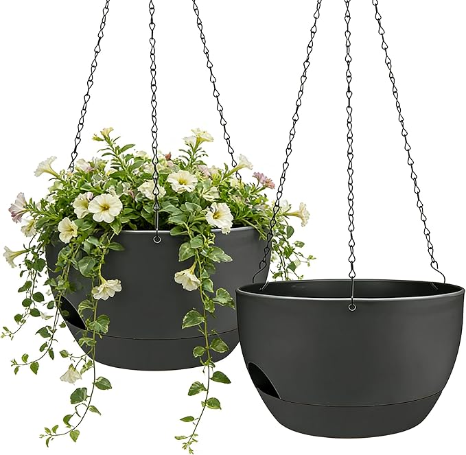 Set of 2-8 Inch Self Watering Hanging Planters for Indoor Outdoor，Hanging Plant Pots with Drainage & Removable Tray, Hanging Pots Holder for Ivy, Pothos, Ferns, Balcony & Patio, Black