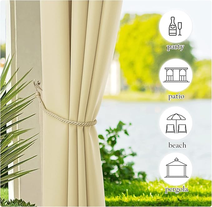 NICETOWN Canvas Waterproof Outdoor Curtains for Patio 108 Inches Long, Machine Washable Rustproof Grommet Privacy Outdoor Drapes for Porch/Balcony, 2 Panels, 55" Wide, Light Beige