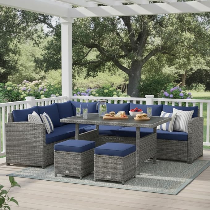 Tangkula 7 Pieces Patio Furniture Set, Outdoor Sectional Rattan Dining Sofa Set with Cushions, All Weather Wicker Conversation Couch Set with Dining Table & Ottomans for Yard Garden Poolside, Navy