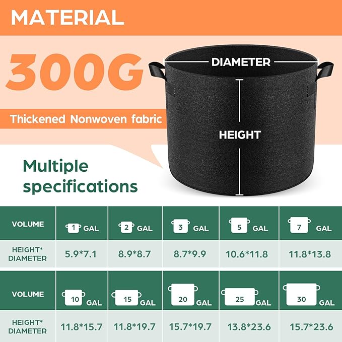 5 Pack 3 Gallon Grow Bags, Thickened Nonwoven Fabric Planter Pots with Handles, Heavy Duty 300G Garden Pots for Tomato, Potato and Vegetable