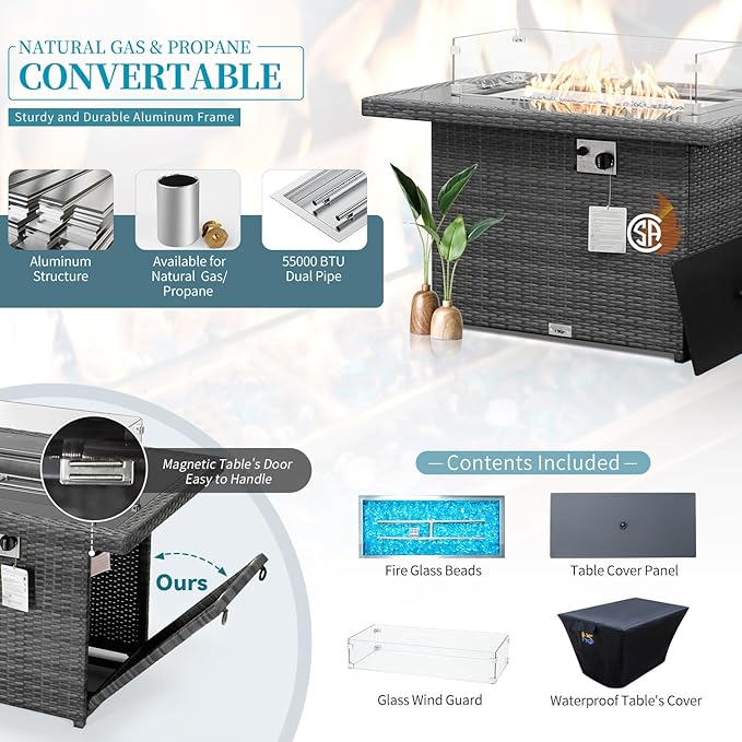 NICESOUL 29.3'' High-Back Outdoor Patio Furniture Set with Firepit Propane & Natural Gas, Oversized Deep Seat Rattan Conversations for Tall People, 7 Piece Couches, 2 Color Cushions Turquoise & Grey