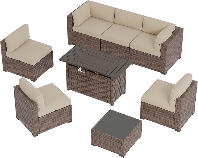 Aoxun Patio Furniture Sets, 8-Piece Outdoor Patio Furniture with 44'' Propane Gas Firepit Table, Wicker Outdoor Conversation Set Sectional Sofa for Backyard, Poolside, Garden (Black Cushion)
