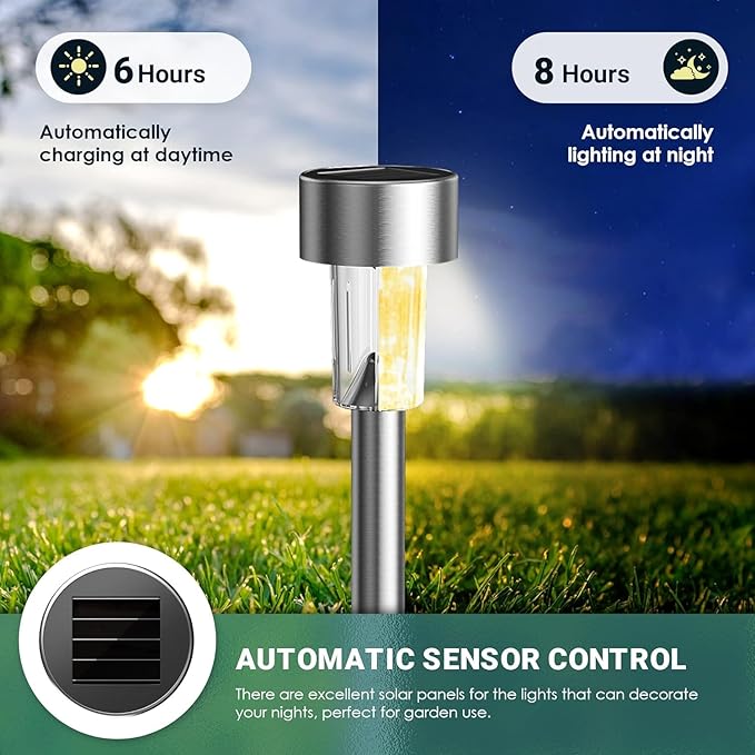 GIGALUMI 16 Pack Solar Path Lights Outdoor,Solar Lights Outdoor Waterproof,Stainless Steel LED Landscape Lighting,Solar Garden Lights for Driveway,Pathway,Patio,Yard