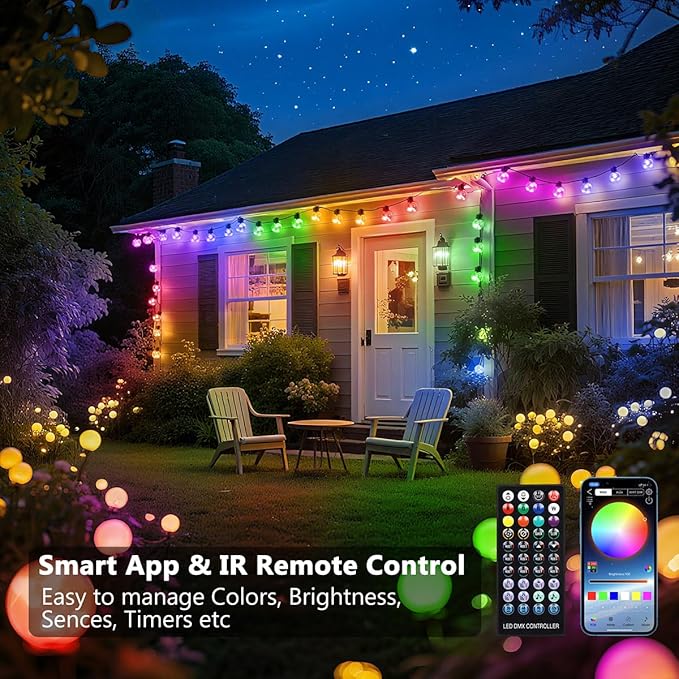 Outdoor String Lights, 25ft 20 Bulbs LED Color Changing Hanging Lights Dimmable with 220+ Scene Modes,App Control, Globe Bulb Waterproof for Outdoor Indoor Patio Backyard Balcony Garden Decor