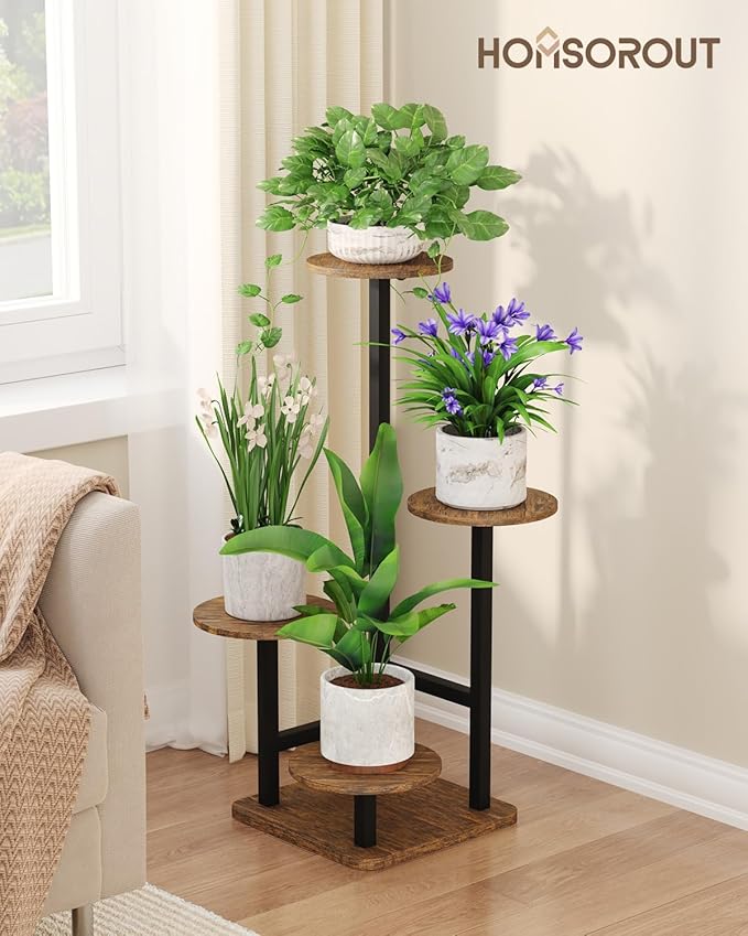 Plant Stand Indoor - 4 Tiered Indoor Plant Stand, Metal Plant Shelf Plant Holder, Ideal for Living Room, Garden, Patio, Balcony (Black Brown)