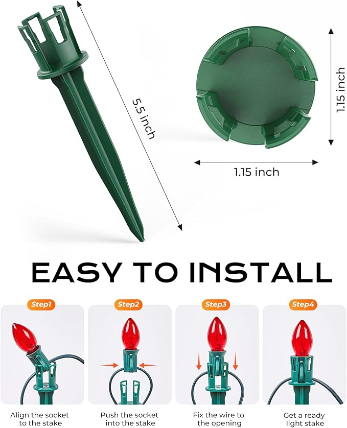 200-Pack Plastic Light Stakes, 5.5 Inch Christmas Yard Stakes for C7 C9 Christmas Lights Outdoor, Universal Light Stakes for Outdoor Holiday Lights, Green