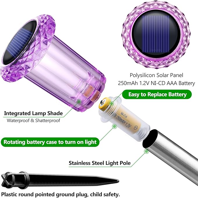 DenicMic Solar Lights Outdoor 10 Pack Waterproof Purple LED Stainless Steel Stake Outside Lights for Yard Pathway Garden Driveway Walkway Landscape Path Lighting Halloween Decorations Outdoor