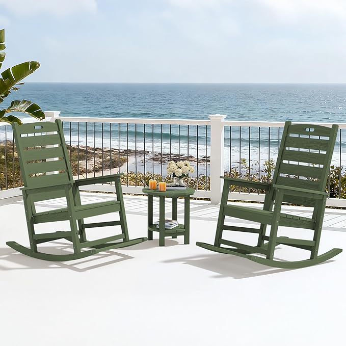 SERWALL Outdoor Rocking Chair Set of 4, Oversized HDPE Patio Rocking Chair with Footrest for Adults, All Weather Porch Rocker for Deck Patio Balcony, Avocado Green