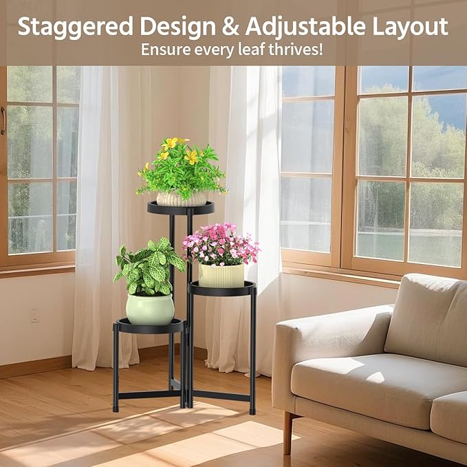 LASZOLA 3 Tiered Folding Plant Stand Indoor for Multiple Large Planter, Tall Heavy Duty Adjustable Rack with Rust Proof Plastic Shelving, Sturdy Vertical Tree Organizer for Narrow Inside Floor, Black