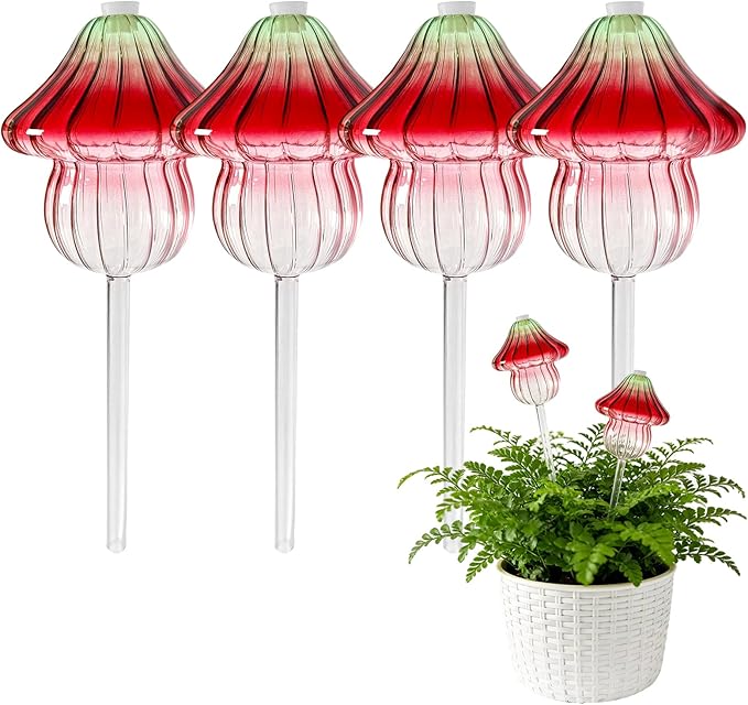 4 PCS Glass Mushroom Plant Watering Globes, 230 ML Large Self Watering Planter Insert Automatic Plant Waterer Bulbs Spikes Plants Water Stakes with Rubber Stopper for Indoor Outdoor Plants