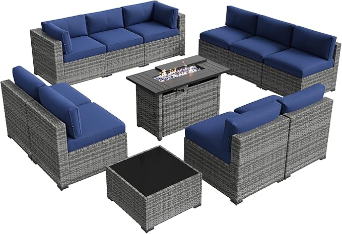 Aoxun Patio Furniture Sets, 12-Piece Outdoor Patio Furniture with 44'' Propane Gas Firepit Table, Wicker Outdoor Conversation Set Sectional Sofa for Backyard, Poolside, Garden