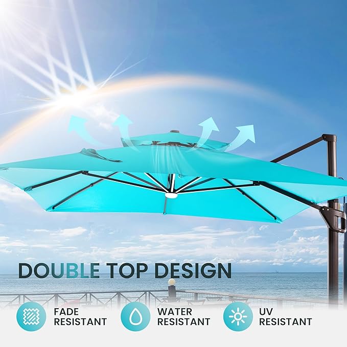 10 X 13 FT Cantilever Patio Umbrella with LED Lights Outdoor Heavy Duty Double Top Windproof Rectangle Offset Umbrellas with 360-degree Rotation for Pool Deck Backyard, Turquoise