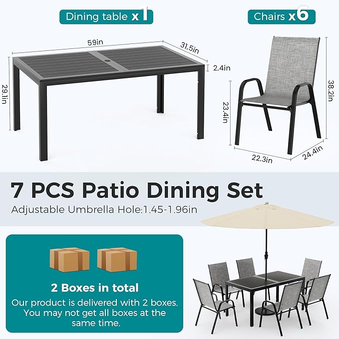 Pamapic Outdoor Dining Sets for 6, Rectangular Steel Slat Table with 6 Textilene Chairs, 7 Piece Patio Table and Chairs Set with Umbrella Hole for Patio, Garden, Backyard and Poolside (Grey)