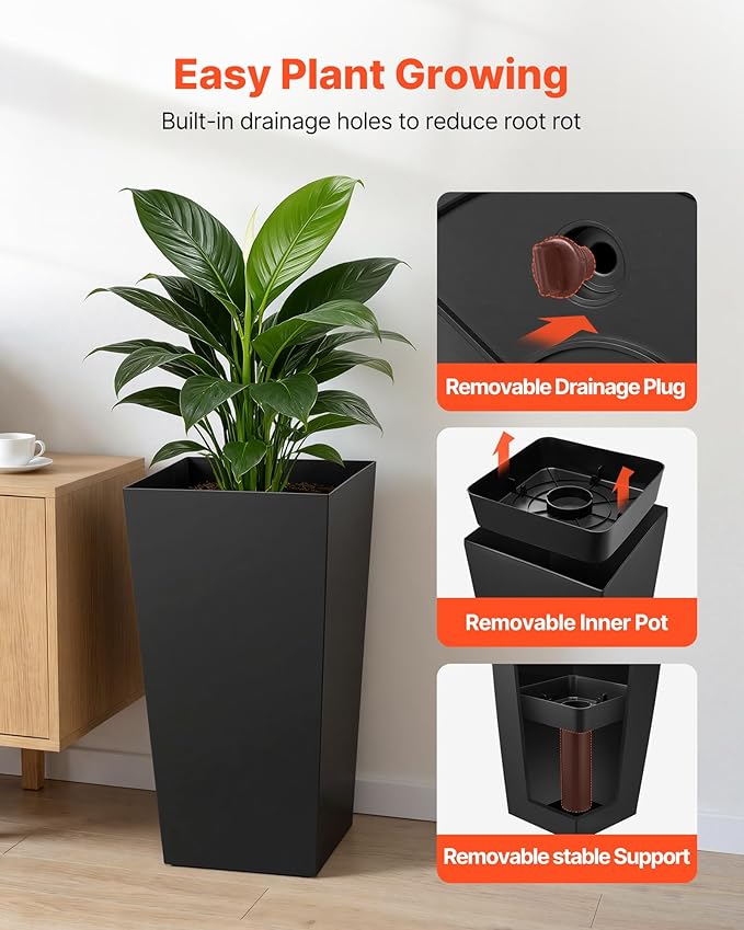 VEVOR 30 inch Tall Planters for Outdoor Plants Set of 2, Black Tall Planter for Indoor Plants, Modern Large Planters for Front Porch Patio Balcony, Plant Container Flower Pots with Built-in Drainage