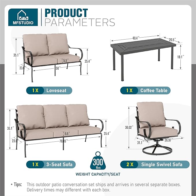 MFSTUDIO 7 Seats Large Metal Patio Conversation Sets, 5 Pieces Outdoor Furniture Sofa with 2 Swivel Chairs, 1 Sofa(3-seat), 1 Loveseat and Table for Outside Balcony Backyard Poolside