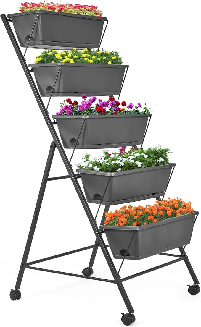 GENMOUS 5 Tier Raised Garden Bed Tall 45FT Vertical Elevated Garden Planter Standing Garden Bed Planter Box with Drainage Holes Removable Tray Outdoor Herb Planter Stand on Patio Balcony Porch Black