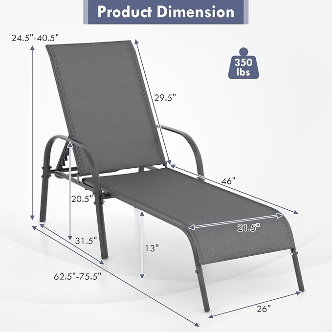 Giantex Patio Lounge Chair, Outdoor Chaise Lounge with 5 Adjustable Backrest, Sturdy Steel Frame, Sunbathing Recliner, Tanning Chair for Beach, Outside, Yard, Balcony, Pool Chairs (1,Dark Gray)
