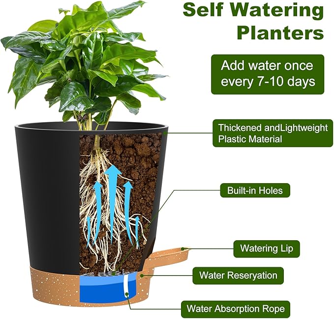 Self Watering Pots, 4 inch Flower Pots with Multi Mesh Drainage Holes, Small Platic Planters for Indoor Outdoor Garden Plants and Flowers (Black with Brown Tray, 4")