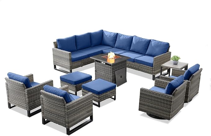 Patio Sectional Furniture Set with Fire Pit Table: 10 Pieces Wicker Patio Conversation Set with L Shaped Sofa, Outdoor Swivel Glider Rocker, Rattan Club Chairs, Ottomans, Removable Cushions Blue