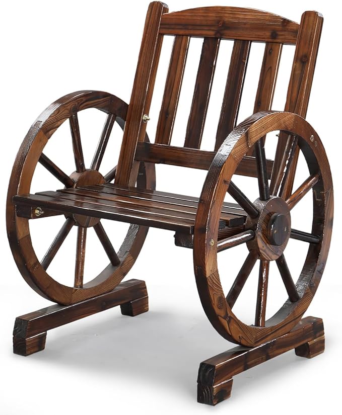 VINGLI Rustic Wooden Patio Chair with Wagon Wheel Armrests, Outdoor Dining Chairs Solid Wood Frame Seating for Farmhouse Garden Porch Lawn Balcony (Rustic, Chair)