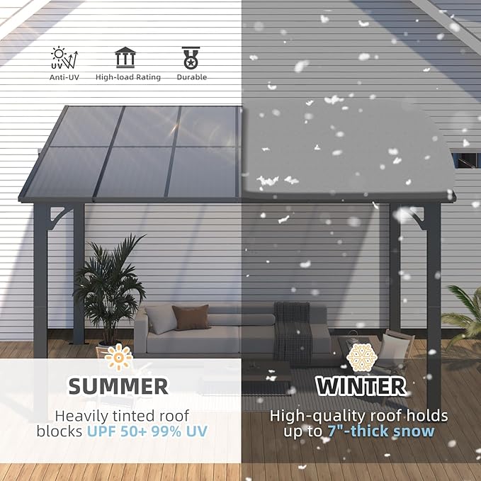 AECOJOY 12' x 8' Gazebo Outdoor Pergola for Patio, 8'x12' Hard Top Lean to Pergolas and Gazebos Clearance with Patio Roof Shelter, Large Wall-Mounted Heavy Duty Awnings for Decks, Backyard