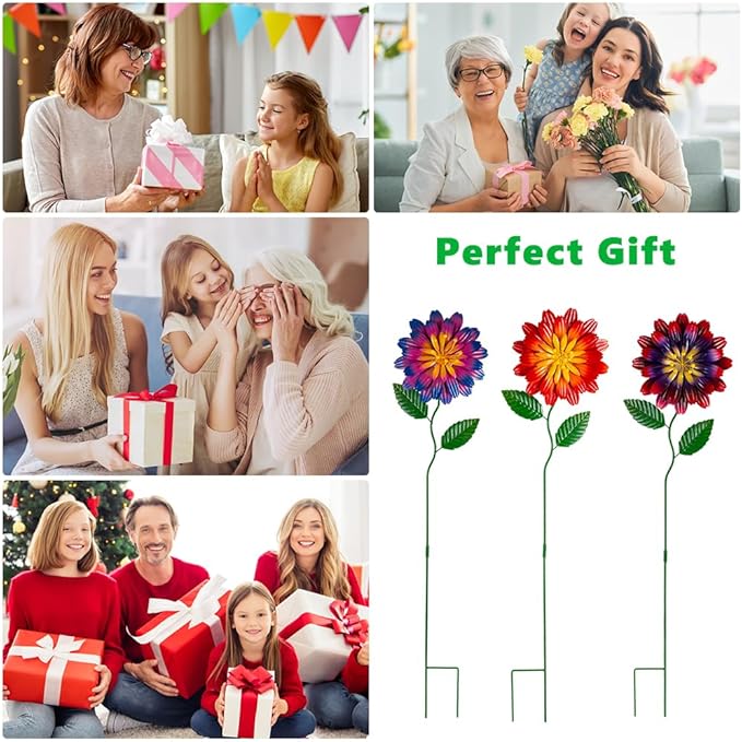Metal Flowers for Outside,3 Pack Flowers Decorative Garden Stakes Spring Decor,Waterproof Metal Yard Art for Outside,Lawn,Patio,Yard