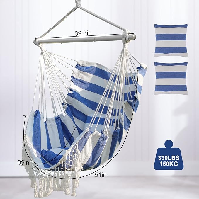 Hammock Chair, Hanging Rope Swing Seat with 2 Cushions,Macrame Hanging Chair Side Pocket with High Load-Bearing Metal Rod,for Indoor, Outdoor, Extra Comfortable