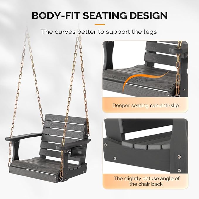 VINGLI Heavy Duty 880 LBS HDPE Porch Swing Outdoor with Rotatable Cup Holder, with Adjustable Chains, 1 Person Hanging Porch Swing Chair for Porch, Yard, Tree, Garden - Grey