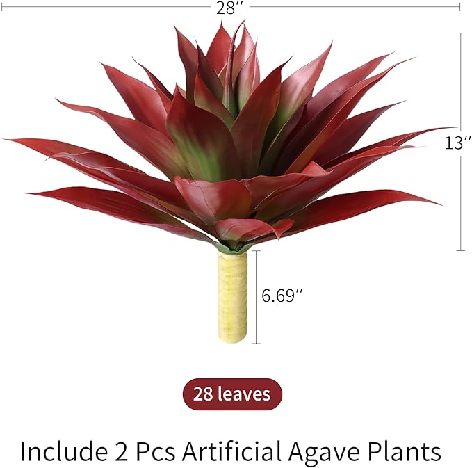 Ivydale Outdoor Faux Plants, 2 PCS 28" Artificial Agave Plant for Outdoors Outside Decoration, Large Fake Plants Realistic Greenery UV Resistant for Planter Porch Patio Yard Garden Indoor(Red)