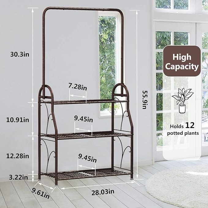 SORCEDAS Plant Stand Indoor Outdoor 3 Tier Tall Corner Hanging Shelf Metal Flower Stands Ladder Holder for Living Room Balcony Garden Patio Multiple Plants, Bronze