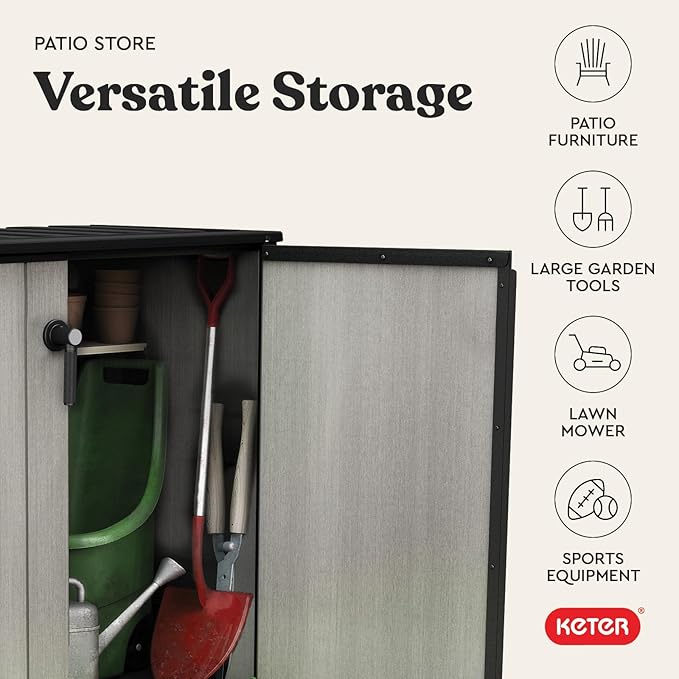 Keter Patio Store 4.6 x 4.0 ft. Resin Outdoor Storage Shed with Paintable and Drillable Walls for Customization-Perfect for Yard Tools and Pool Toys, Grey