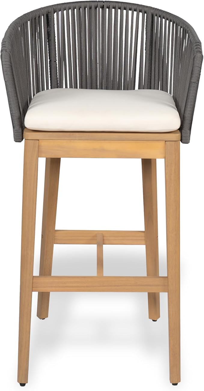 Christopher Knight Home Zax Set of 2 Patio Barstool, Acacia Wood & Rope Outdoor Counter Stool with Backrest/Footrest, Barstool Chairs with Cushion Seating for Backyard Balcony Garden, Beige+Gray+Teak