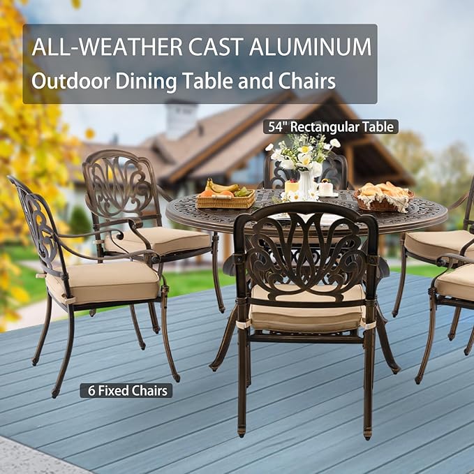 7-Piece Cast Aluminum Patio Furniture, Outdoor Dining Sets for 6 Include 54" Round Patio Dining Table and 6 Stackable Chairs with Cushions & Umbrella Hole (Bronze)