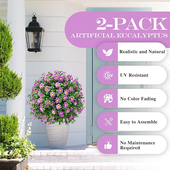 Artificial Topiary Bushes for Outdoors with Spike, Boxwood Ball Fake Shrubs UV Resistant Faux Plants for Indoor Outdoor Fall Thanksgiving Halloween Decor (Sunflower Boxwood Purple -2 Packs)