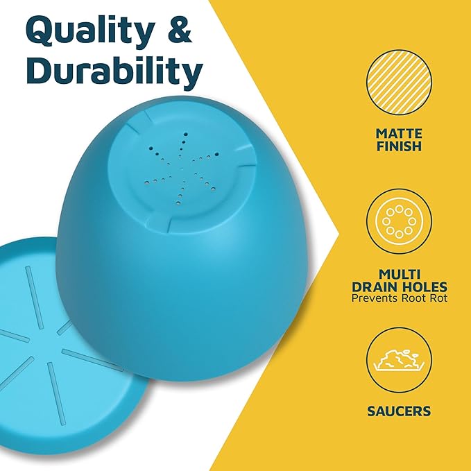 Blue Plant Pots with Drainage Holes & Saucers 5 Pack, Indoor & Outdoor Stackable Space-Saving Planters for Houseplants & Flowers, (7", 6.7", 6", 5.3", and 4.8" Inches), Durable & Weatherproof