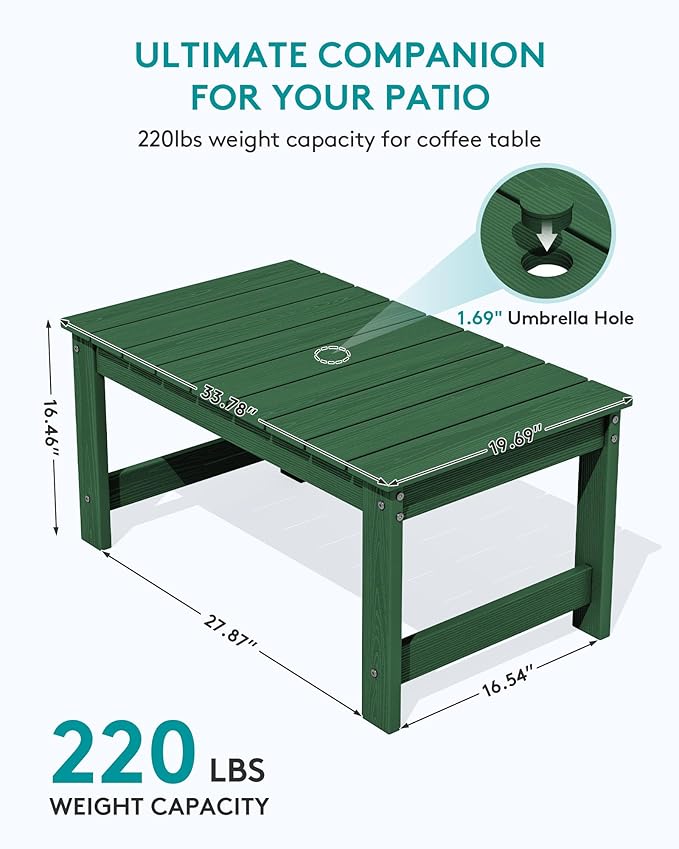SERWALL Outdoor Coffee Table with 9FT Umbrella, HDPE Patio Coffee Table for Outside, Rectangle, Green(Not Include Umbrella Base)