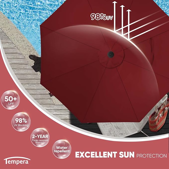 Tempera Patio Market Outdoor Table Umbrella with Auto Tilt and Crank, Large Sun Umbrella with Sturdy Pole & Fade Resistant Canopy, Easy to Set