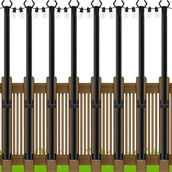 AILBTON 4.8Ft String Light Poles 8 Pack,Light Poles for Outside Lights,Outdoor with Fence Brackets Hanging Lights,Metal Stand Deck Patio Backyard