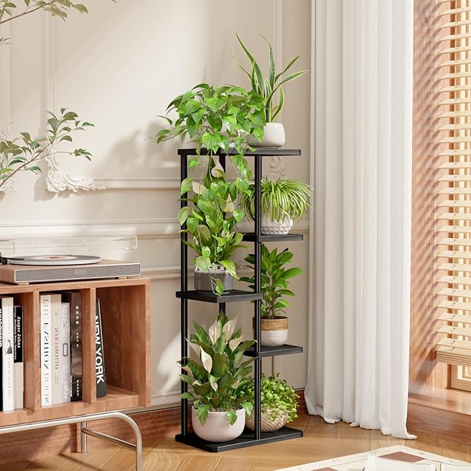 Bamworld Plant Stand Indoor, Corner 5 Tier Metal Plant Shelf for Multiple Plants, Tiered Flower Pot Stands for Patio Garden Balcony Living Room Bedroom, Black