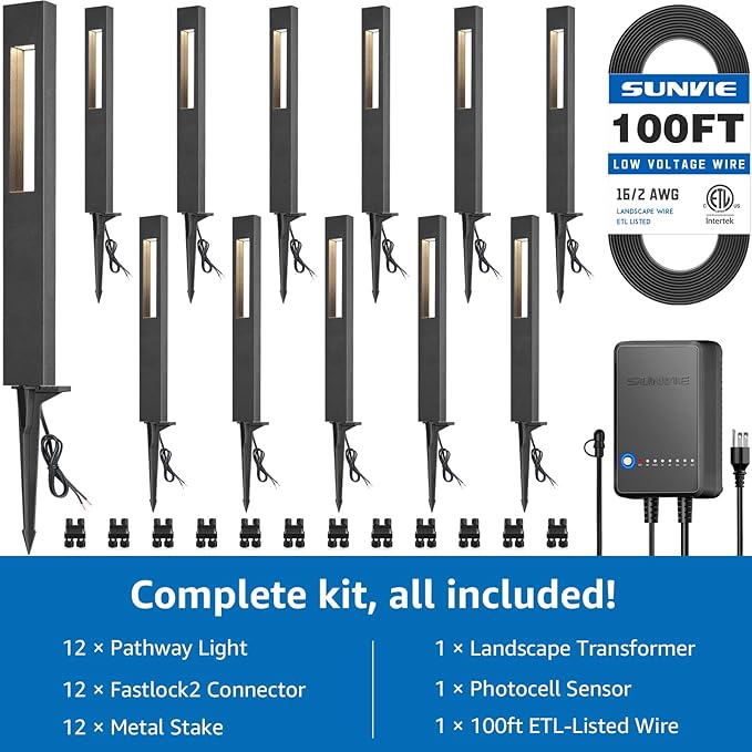 SUNVIE All-In-One LED Low Voltage Landscape Lighting Kit 12 Pack Low Voltage Pathway Lights with 60W Transformer ETL Listed 100FT Wire for Path Garden, Waterproof Pathway Lights Wired, 3000K, Aluminum