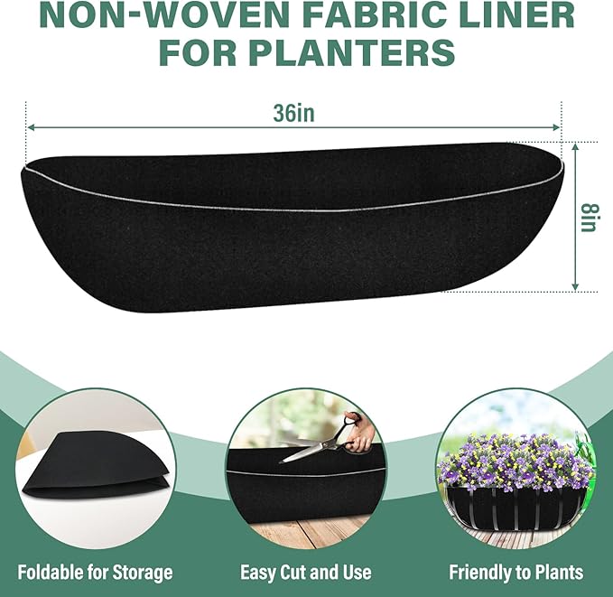 Riare 6 Pack 36 Inch Black Felt Window Box Liners- Fabric Trough Planter Basket Liners Replacement, Non-Woven Hanging Plant Liner for Wall Hanging Basket, Garden Fence Railing (Avoid Bird Nesting)