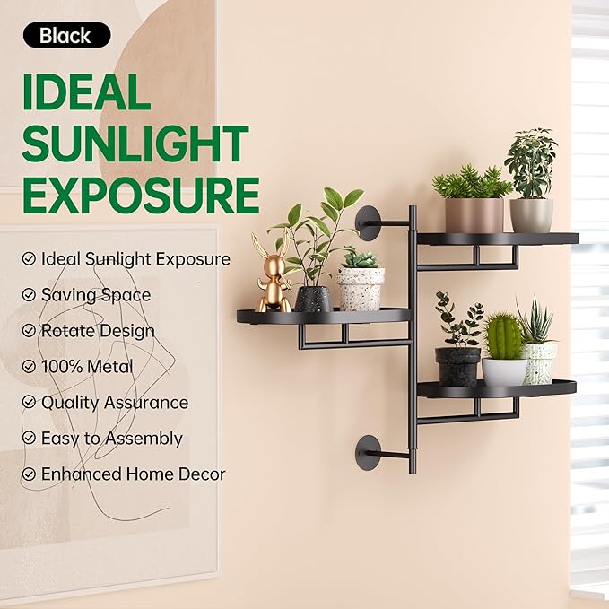 Rotating Window Shelves for Multiple Plants Indoor,3-tier Metal Corner Black Plant Stand Holder Floating Hanger Shelf for Wall，Windows Sill Gifts for Planter Lover to Enhance Home Decor